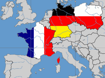 Detail einer Europakarte; die Länder Frankreich, Deutschland und Polen sind durch ihre Landesflaggen farblich hervorgehoben, die anderen Länder sind grau gefärbt.