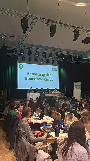 Delegierte an Tischen quer zur Bühne aufgestellt. Auf der Bühne das Tagungspräsidium. Auf der Leinwand eine Folie mit der Aufschrift „Entlastung des Bundesvorstands“ (Folie symbolisch).